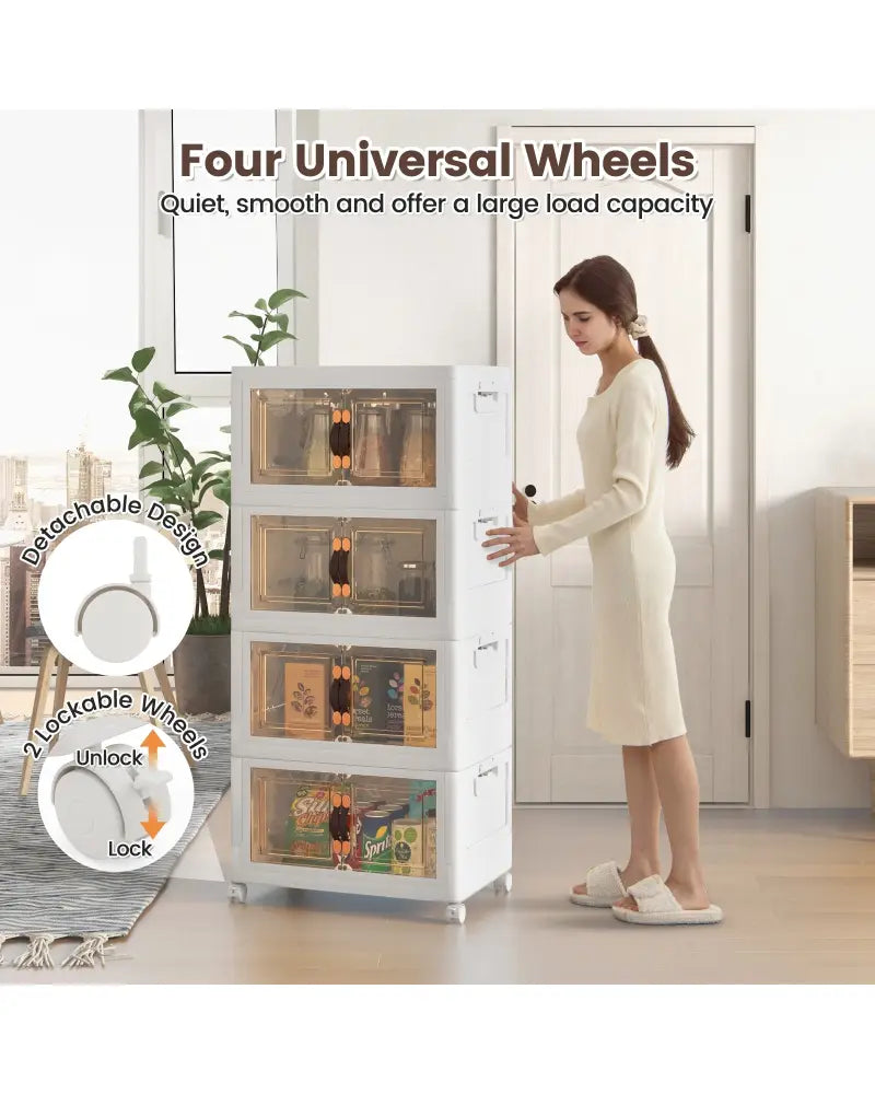Stackable Storage Bins with Lockable Wheels-4 Pack - White - Cabinets & Chests