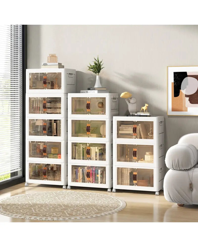 Stackable Storage Bins with Lockable Wheels-4 Pack - White - Cabinets & Chests