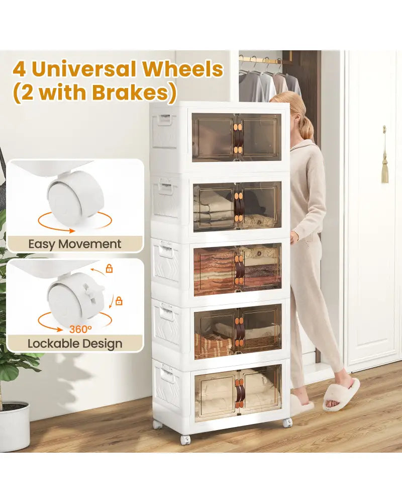 Stackable Storage Bins with Lockable Wheels-5 Pack - White - Cabinets & Chests