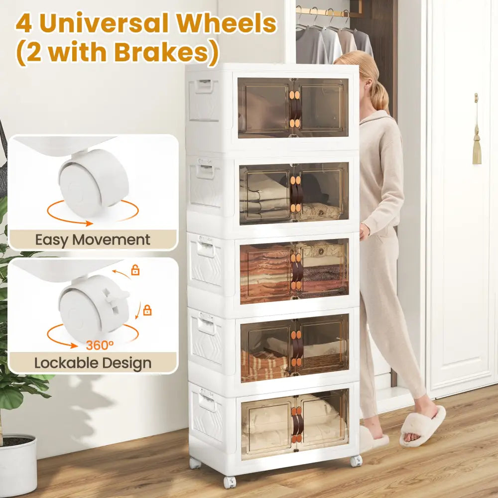 Stackable Storage Bins with Lockable Wheels-5 Pack - White - Cabinets & Chests