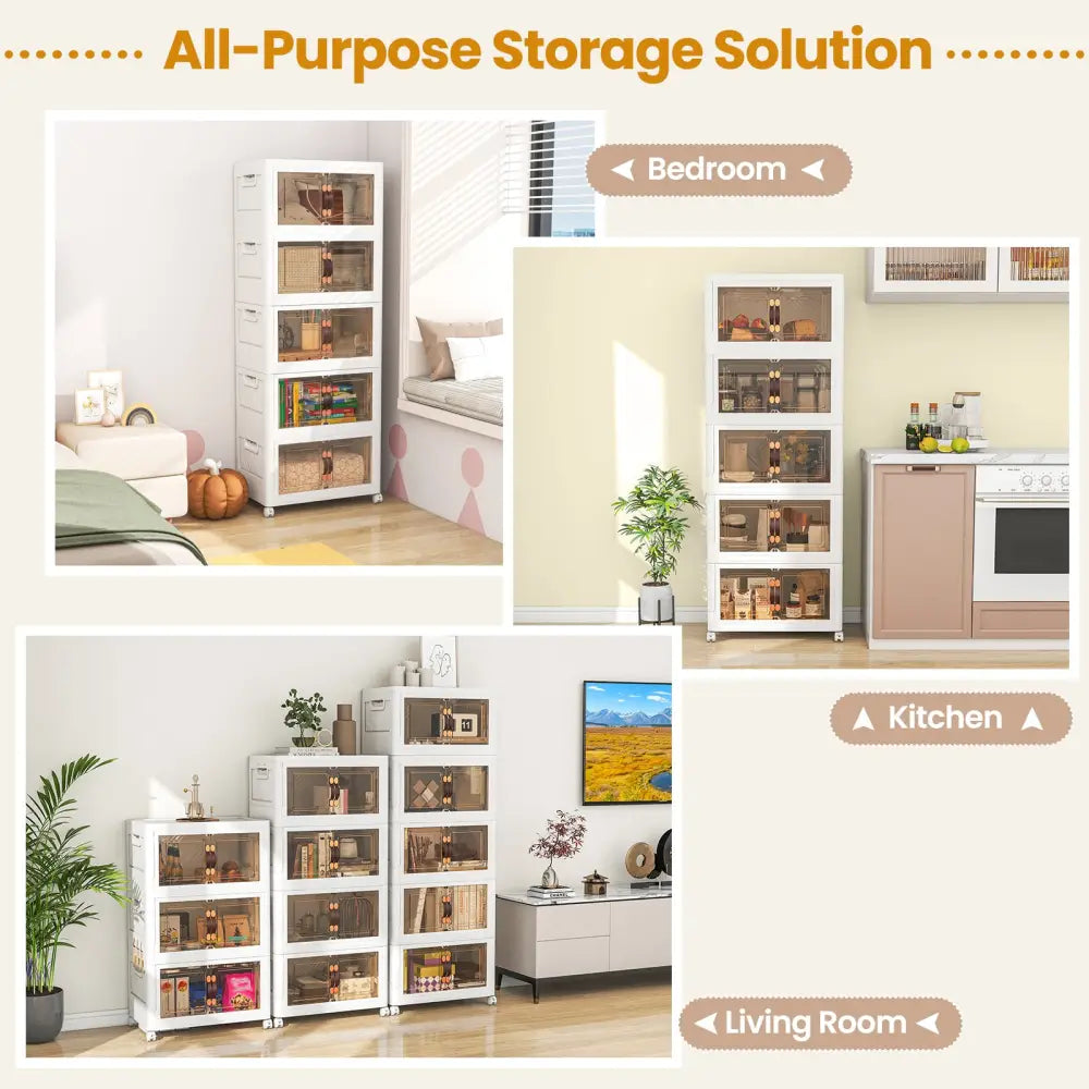 Stackable Storage Bins with Lockable Wheels-5 Pack - White - Cabinets & Chests