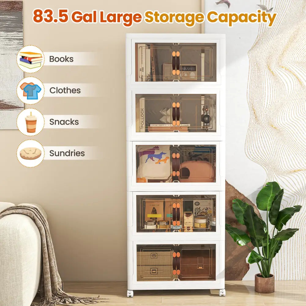 Stackable Storage Bins with Lockable Wheels-5 Pack - White - Cabinets & Chests