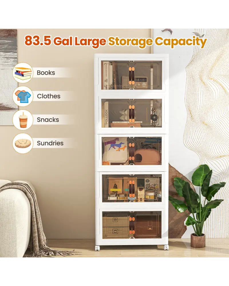 Stackable Storage Bins with Lockable Wheels-5 Pack - White - Cabinets & Chests