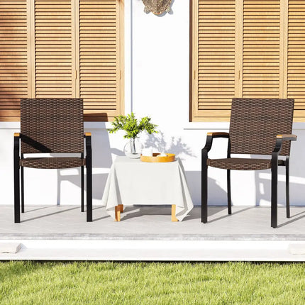 Stacking Wicker Chairs Set of 2 Patio Rattan Dining Chairs with Acacia Wood Armrests - Patio Dining Chairs