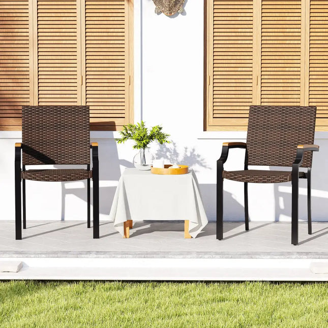 Stacking Wicker Chairs Set of 2 Patio Rattan Dining Chairs with Acacia Wood Armrests - Patio Dining Chairs