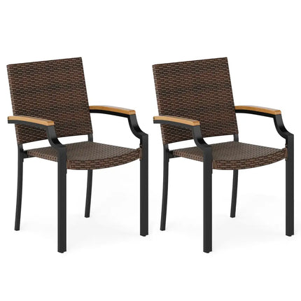 Stacking Wicker Chairs Set of 2 Patio Rattan Dining Chairs with Acacia Wood Armrests - Patio Dining Chairs