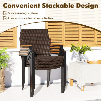 Stacking Wicker Chairs Set of 2 Patio Rattan Dining Chairs with Acacia Wood Armrests - Patio Dining Chairs
