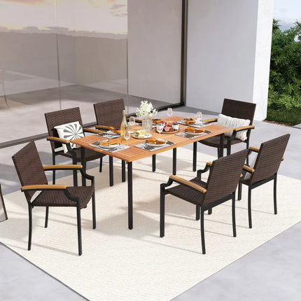 Stacking Wicker Chairs Set of 2 Patio Rattan Dining Chairs with Acacia Wood Armrests - Patio Dining Chairs