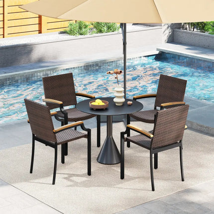 Stacking Wicker Chairs Set of 2 Patio Rattan Dining Chairs with Acacia Wood Armrests - Patio Dining Chairs