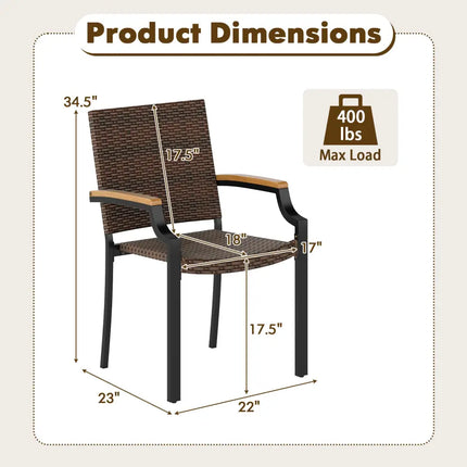 Stacking Wicker Chairs Set of 2 Patio Rattan Dining Chairs with Acacia Wood Armrests - Patio Dining Chairs