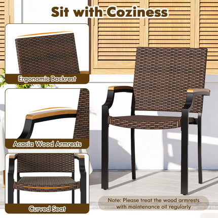 Stacking Wicker Chairs Set of 2 Patio Rattan Dining Chairs with Acacia Wood Armrests - Patio Dining Chairs
