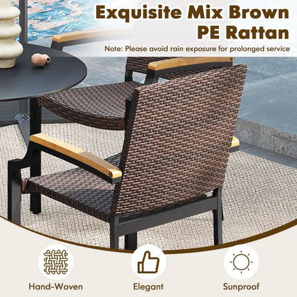 Stacking Wicker Chairs Set of 2 Patio Rattan Dining Chairs with Acacia Wood Armrests - Patio Dining Chairs