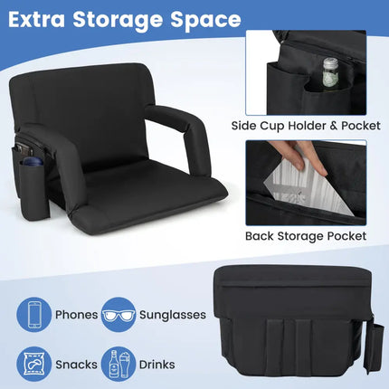 Stadium Seat for Bleachers with Back Support 6 Adjustable Positions-Black - Black - Outdoor Seating & Patio Chairs