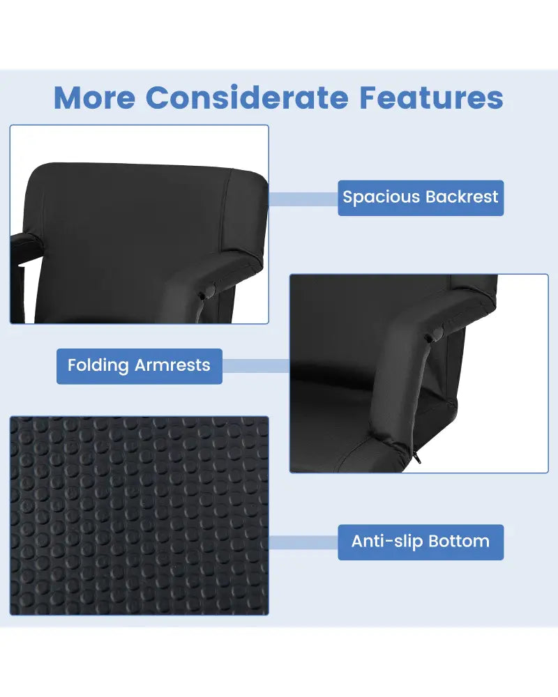 Stadium Seat for Bleachers with Back Support 6 Adjustable Positions-Black - Black - Outdoor Seating & Patio Chairs
