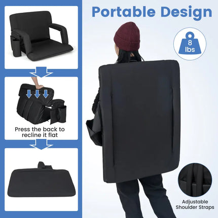 Stadium Seat for Bleachers with Back Support 6 Adjustable Positions-Black - Black - Outdoor Seating & Patio Chairs