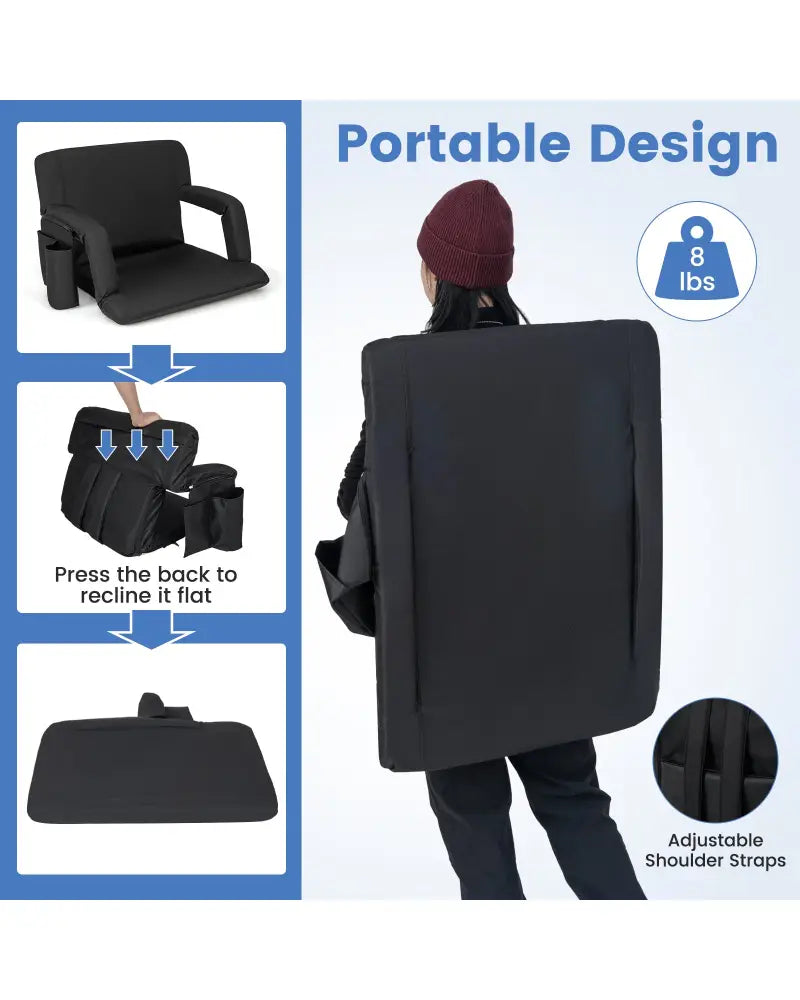 Stadium Seat for Bleachers with Back Support 6 Adjustable Positions-Black - Black - Outdoor Seating & Patio Chairs