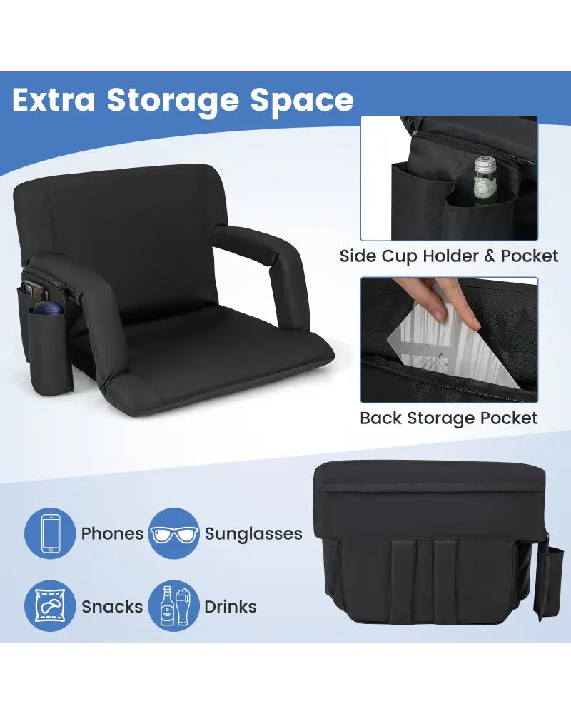 Stadium Seat for Bleachers with Back Support 6 Adjustable Positions-Black - Black - Outdoor Seating & Patio Chairs