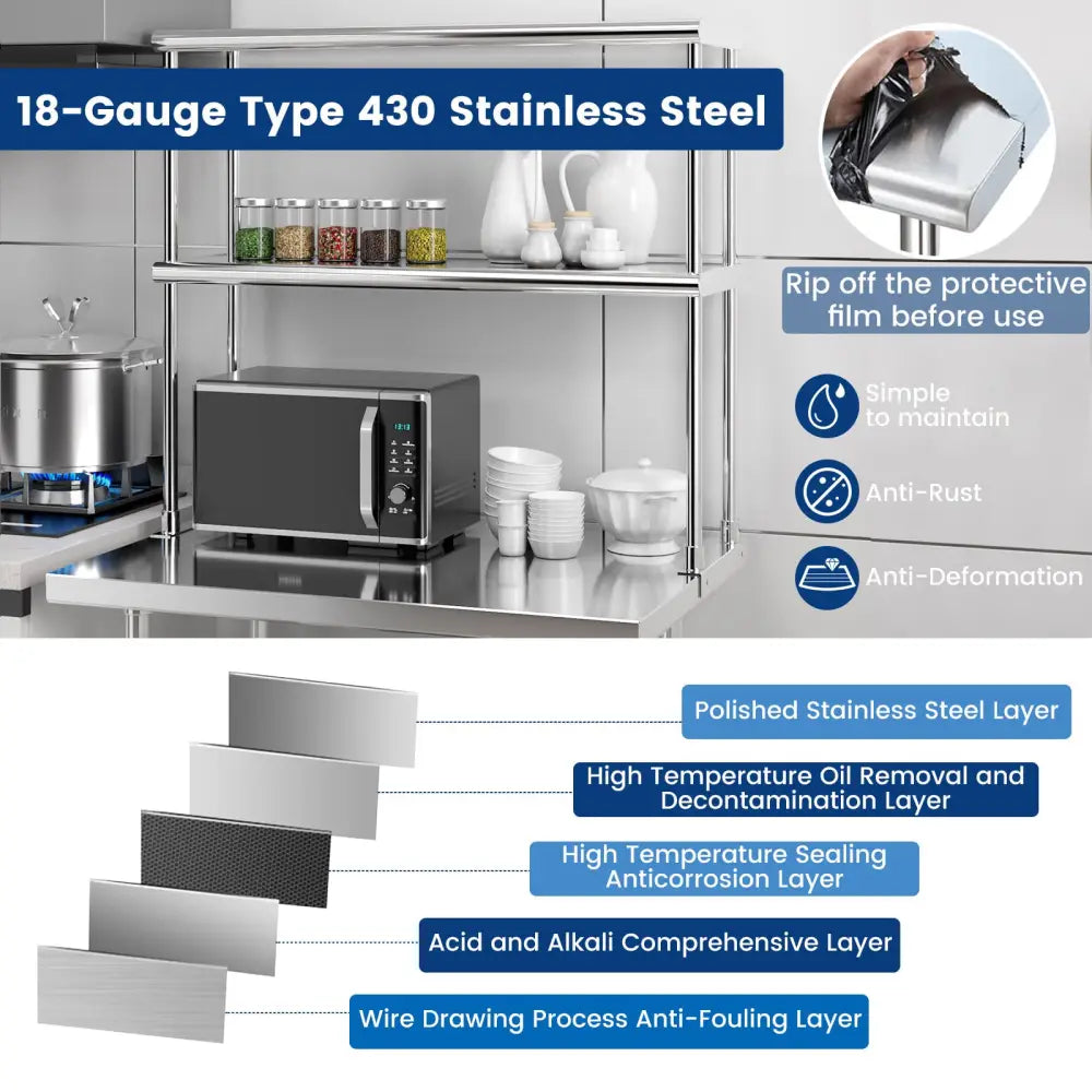 Stainless Steel Overshelf with Adjustable Lower Shelf for Restaurant Kitchen - Silver - Kitchen Tools