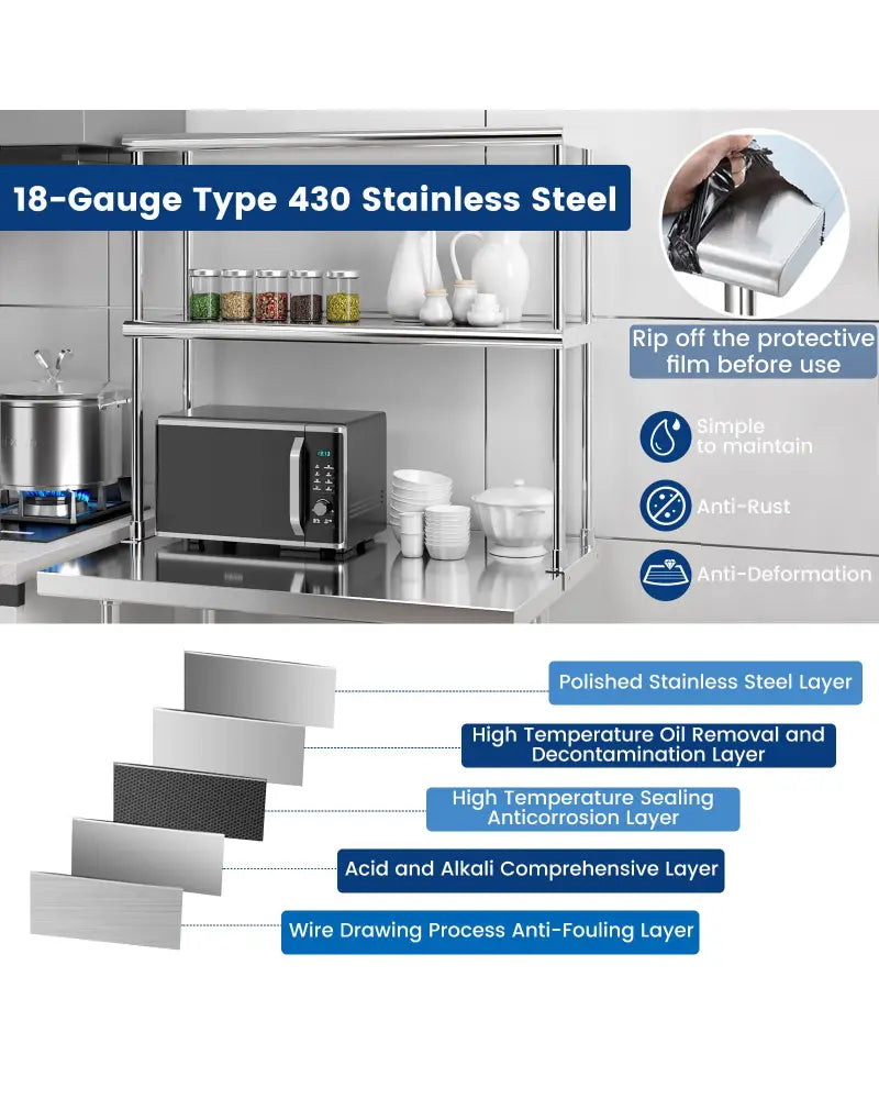 Stainless Steel Overshelf with Adjustable Lower Shelf for Restaurant Kitchen - Silver - Kitchen Tools