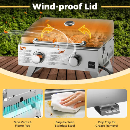 Stainless Steel Propane Grill with Lid for Outdoor Camping Tailgating Picnic Party-Silver - Silver - Outdoor Grills