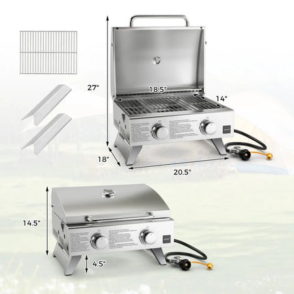 Stainless Steel Propane Grill with Lid for Outdoor Camping Tailgating Picnic Party-Silver - Silver - Outdoor Grills