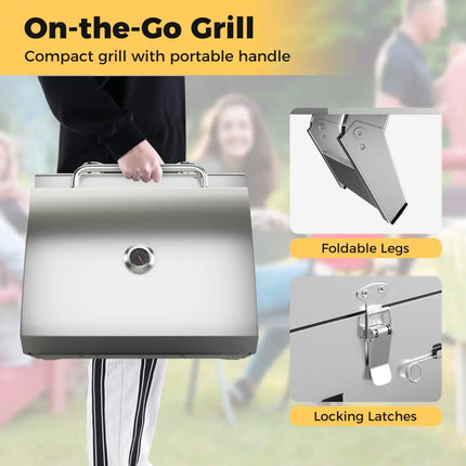 Stainless Steel Propane Grill with Lid for Outdoor Camping Tailgating Picnic Party-Silver - Silver - Outdoor Grills