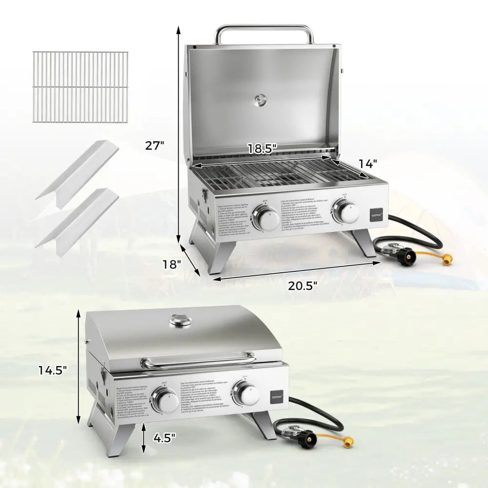 Stainless Steel Propane Grill with Lid for Outdoor Camping Tailgating Picnic Party-Silver - Silver - Outdoor Grills