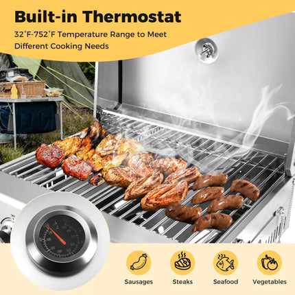 Stainless Steel Propane Grill with Lid for Outdoor Camping Tailgating Picnic Party-Silver - Silver - Outdoor Grills