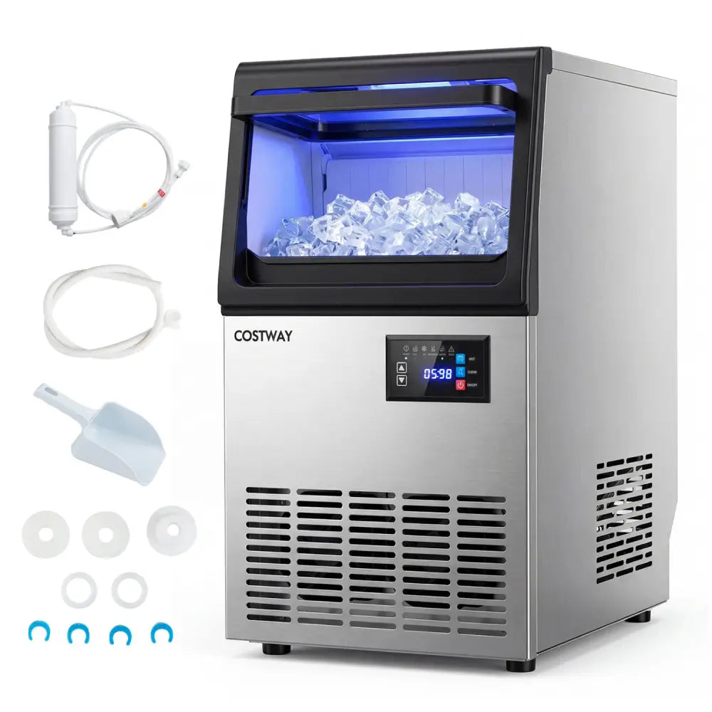 Stainless Steel Spary Ice Maker with 30 LBS Storage Capacity and 80 LBS Per Day - Silver - Ice Makers