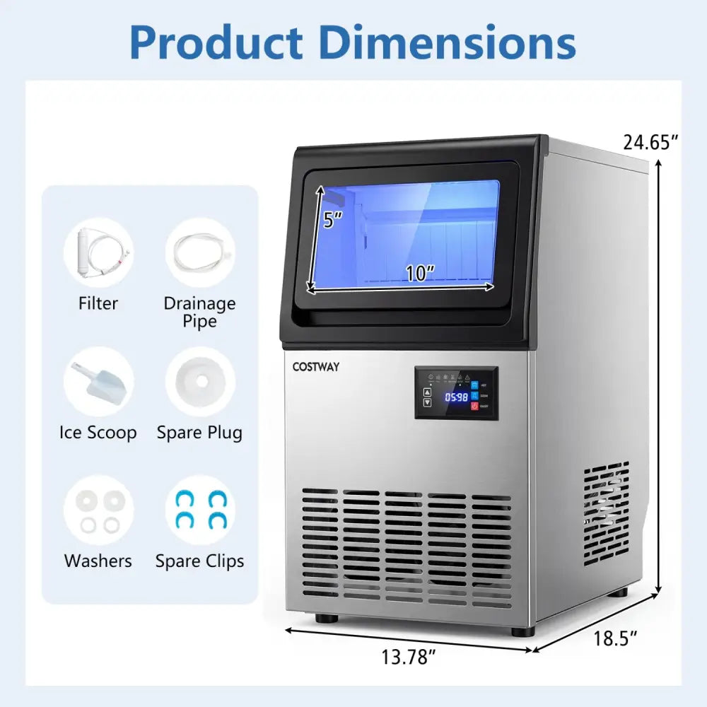 Stainless Steel Spary Ice Maker with 30 LBS Storage Capacity and 80 LBS Per Day - Silver - Ice Makers