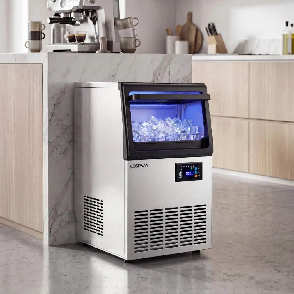 Stainless Steel Spary Ice Maker with 30 LBS Storage Capacity and 80 LBS Per Day - Silver - Ice Makers