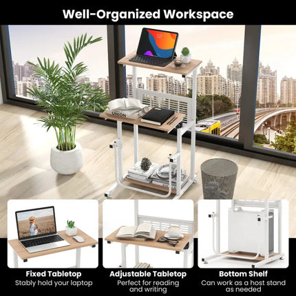 Standing Desk for Small Space Sit Stand Desk with Height Adjustable Desktop - Brown & White - Laptop Tables & Printer