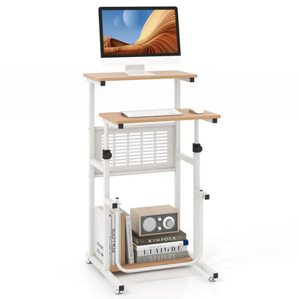 Standing Desk for Small Space Sit Stand Desk with Height Adjustable Desktop - Brown & White - Laptop Tables & Printer
