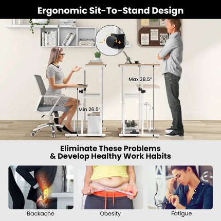 Standing Desk for Small Space Sit Stand Desk with Height Adjustable Desktop - Brown & White - Laptop Tables & Printer