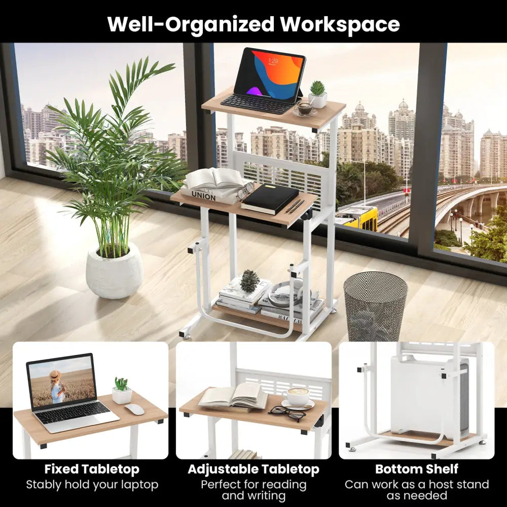 Standing Desk for Small Space Sit Stand Desk with Height Adjustable Desktop - Brown & White - Laptop Tables & Printer