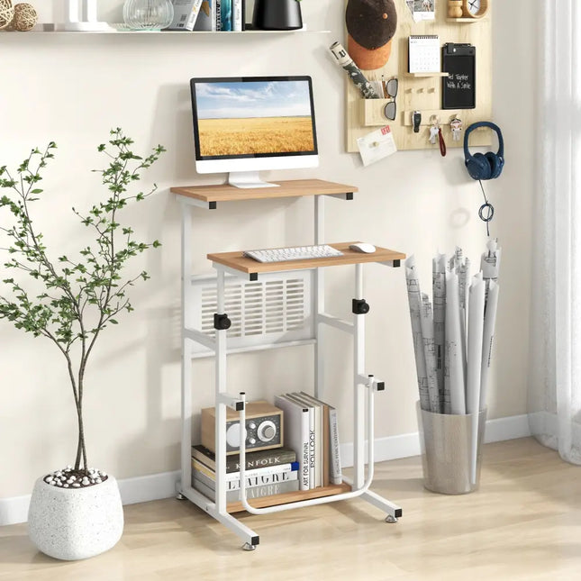 Standing Desk for Small Space Sit Stand Desk with Height Adjustable Desktop - Brown & White - Laptop Tables & Printer