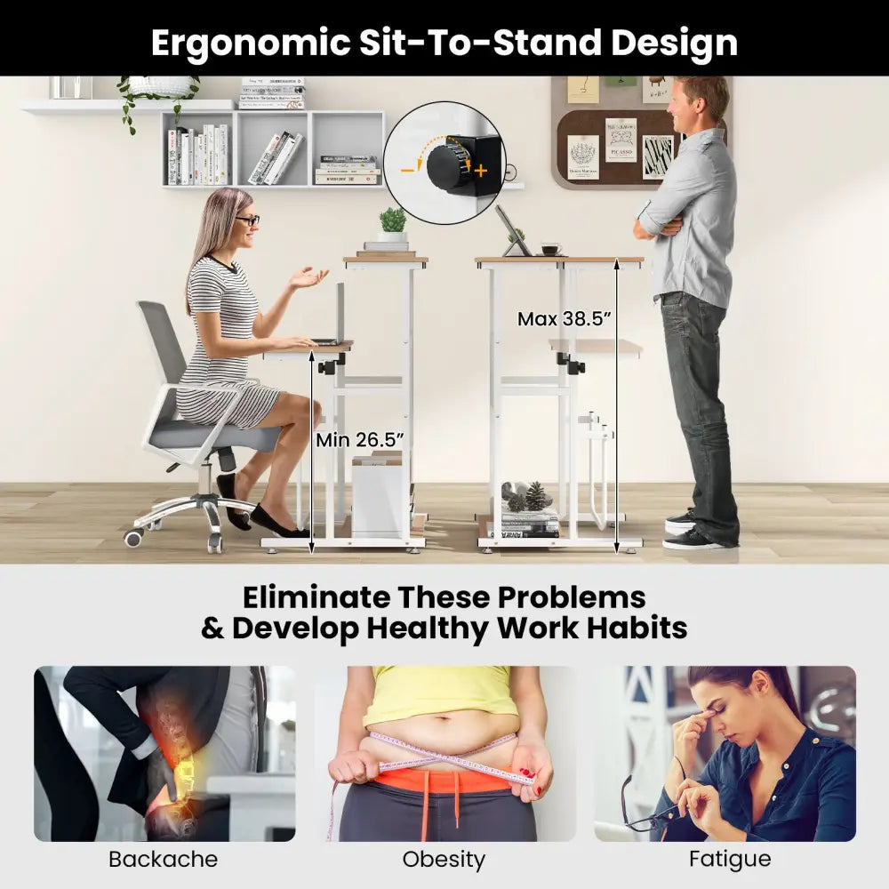 Standing Desk for Small Space Sit Stand Desk with Height Adjustable Desktop - Brown & White - Laptop Tables & Printer