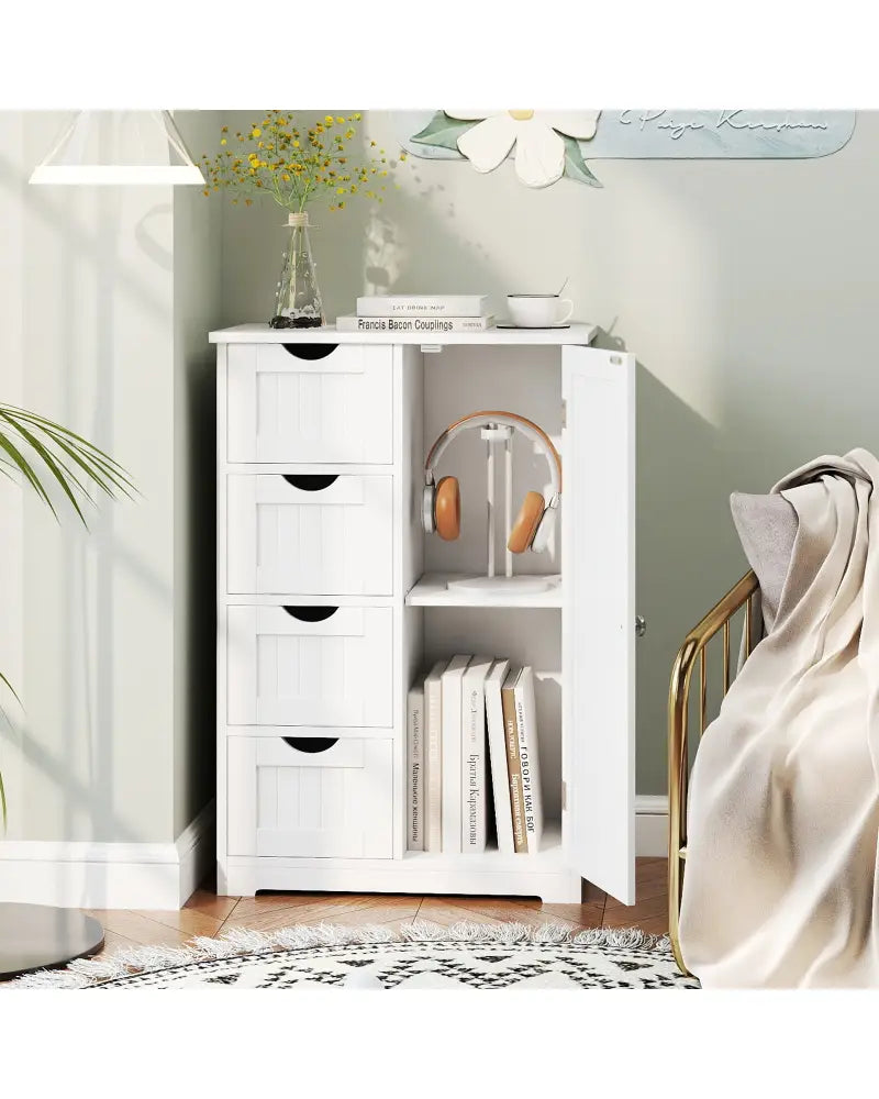 Standing Indoor Wooden Cabinet with 4 Drawers-White - White - Floor Cabinets