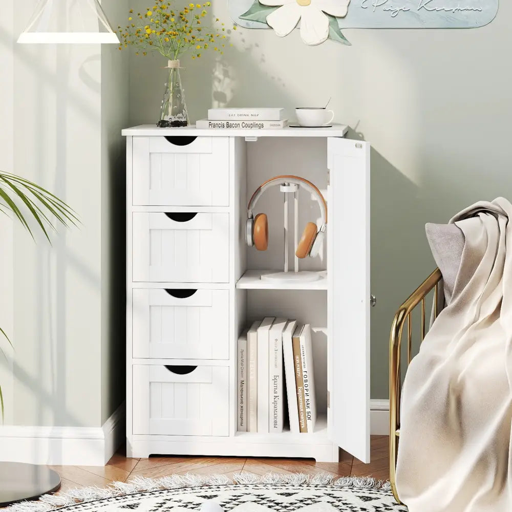 Standing Indoor Wooden Cabinet with 4 Drawers-White - White - Floor Cabinets
