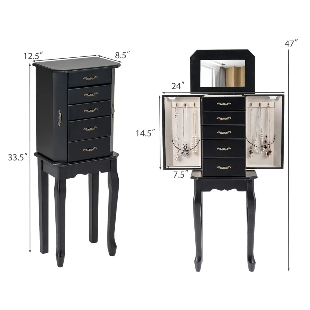 Standing Jewelry Box with 4 Drawers and 2 Side Doors-Black - Black - Jewelry Armoires