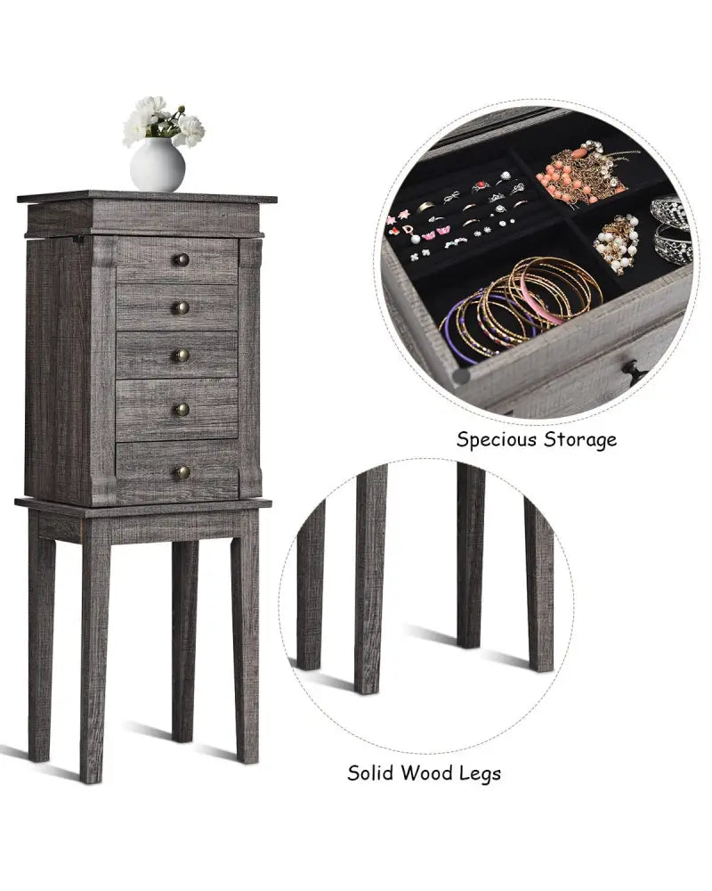 Standing Jewelry Cabinet Storage Organizer with Wooden Legs - Gray - Jewelry Armoires