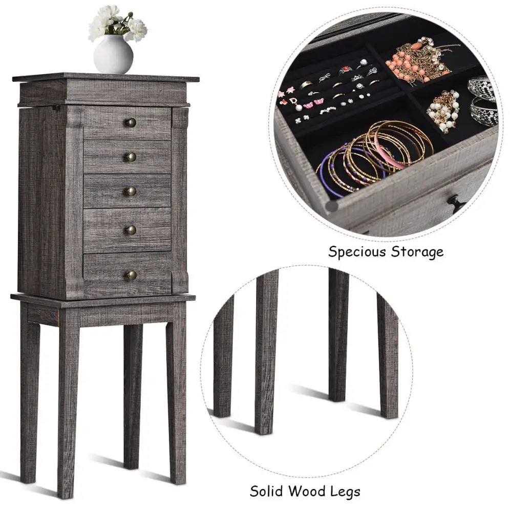 Standing Jewelry Cabinet Storage Organizer with Wooden Legs - Gray - Jewelry Armoires