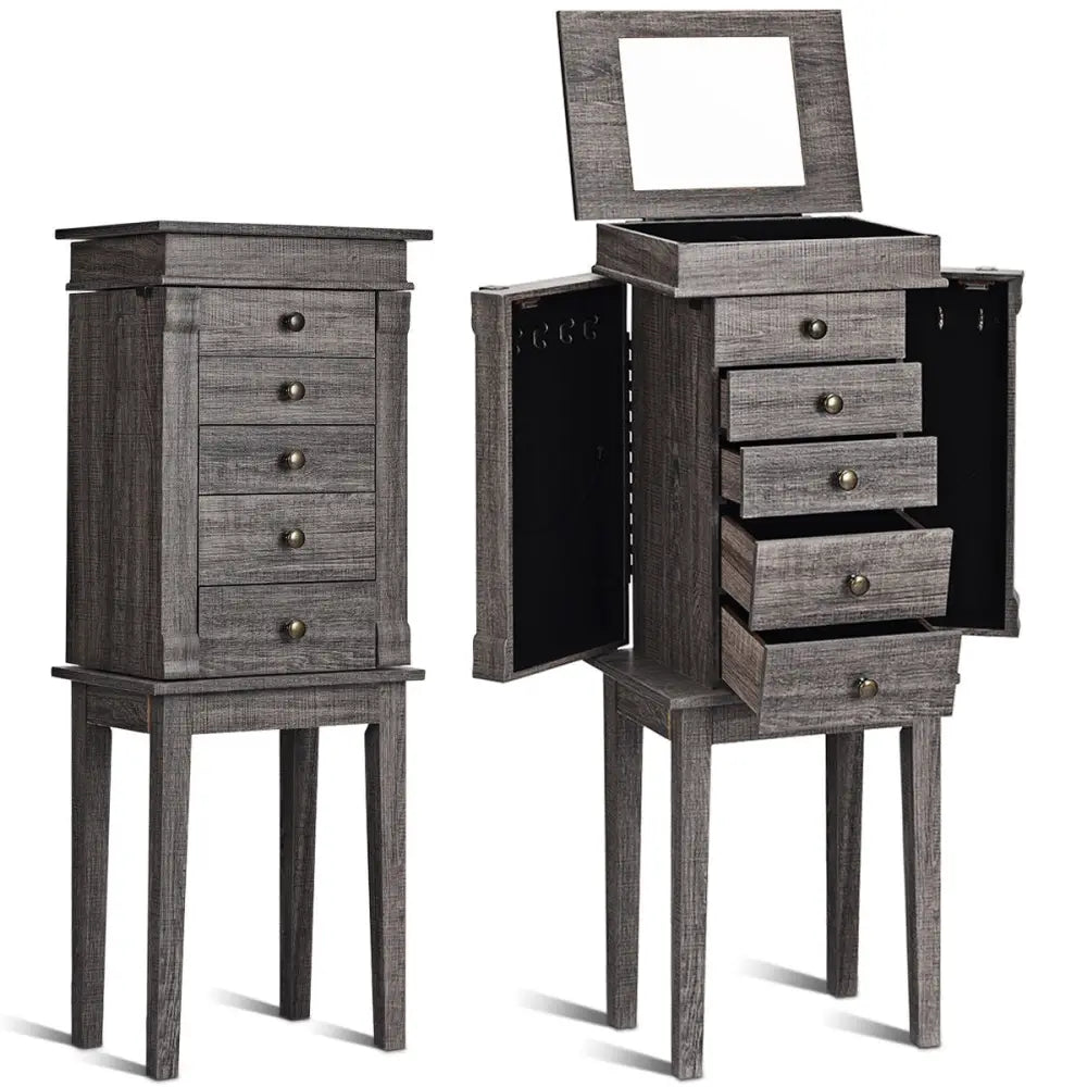 Standing Jewelry Cabinet Storage Organizer with Wooden Legs - Gray - Jewelry Armoires