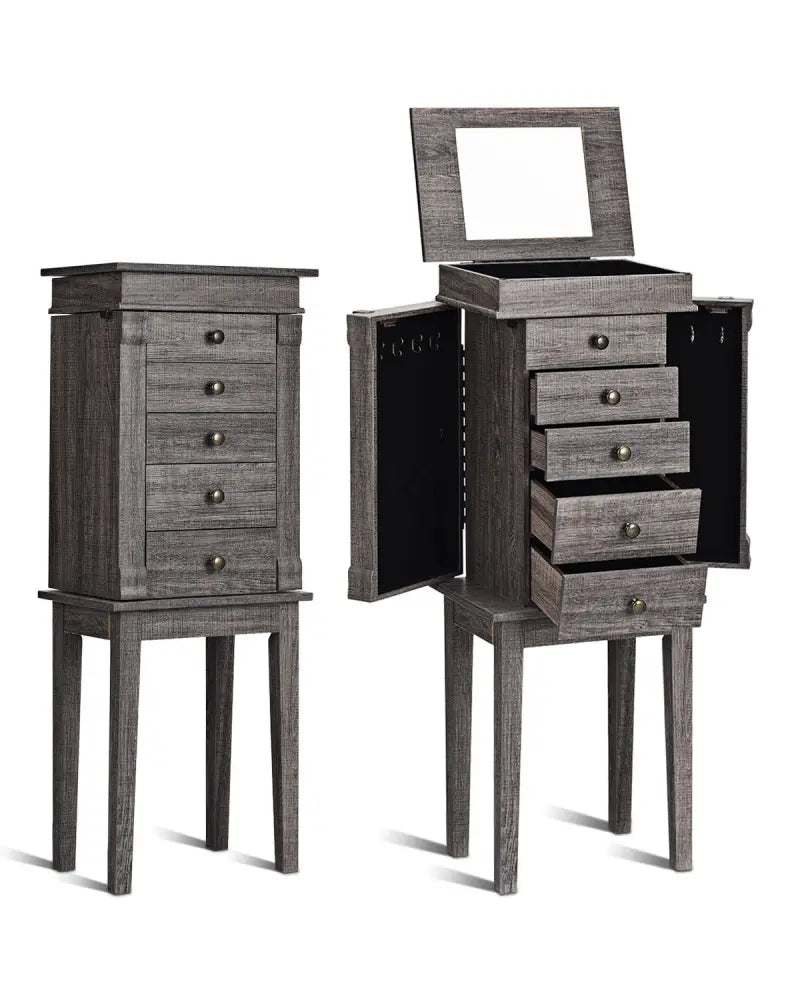 Standing Jewelry Cabinet Storage Organizer with Wooden Legs - Gray - Jewelry Armoires