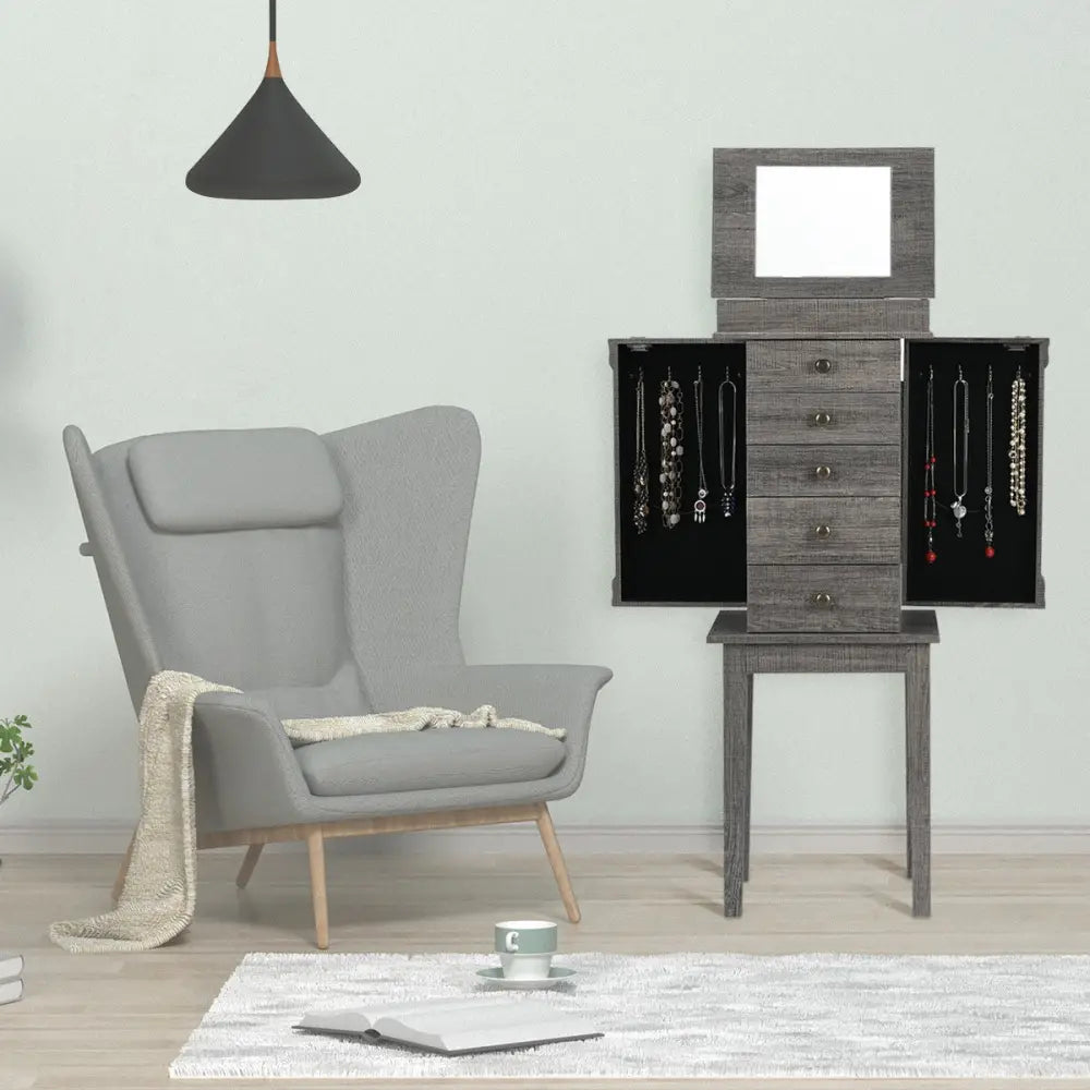 Standing Jewelry Cabinet Storage Organizer with Wooden Legs - Gray - Jewelry Armoires