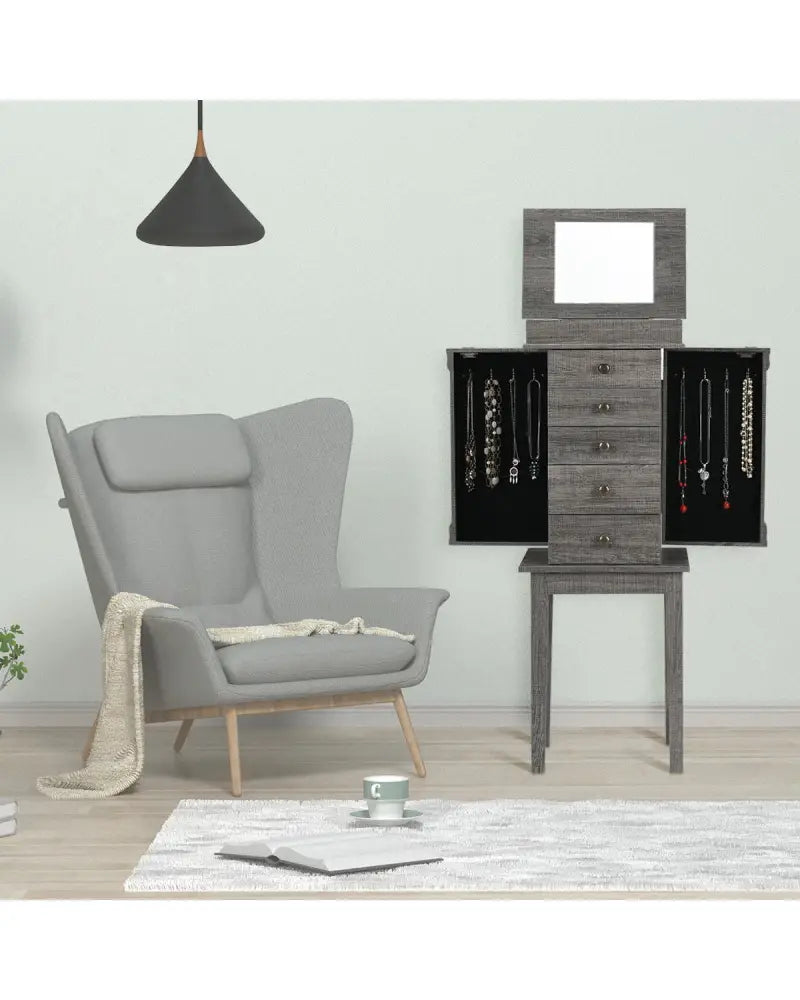 Standing Jewelry Cabinet Storage Organizer with Wooden Legs - Gray - Jewelry Armoires