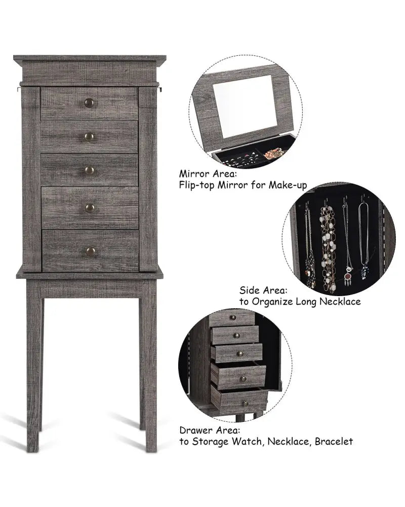 Standing Jewelry Cabinet Storage Organizer with Wooden Legs - Gray - Jewelry Armoires