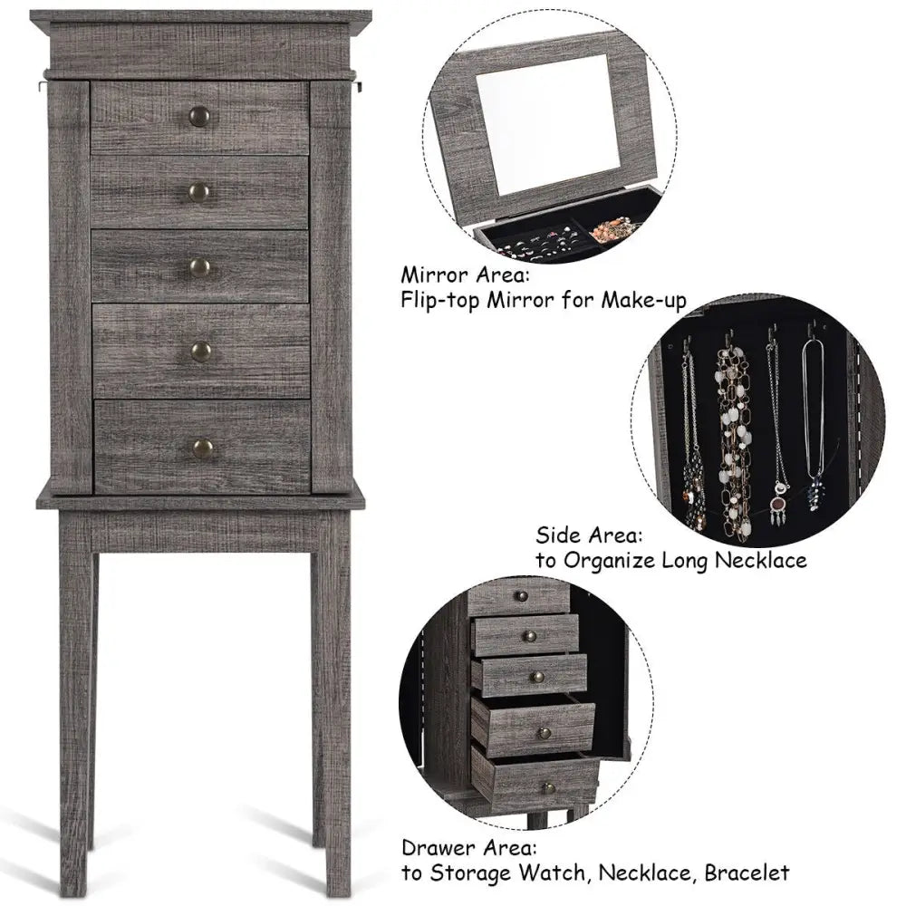 Standing Jewelry Cabinet Storage Organizer with Wooden Legs - Gray - Jewelry Armoires