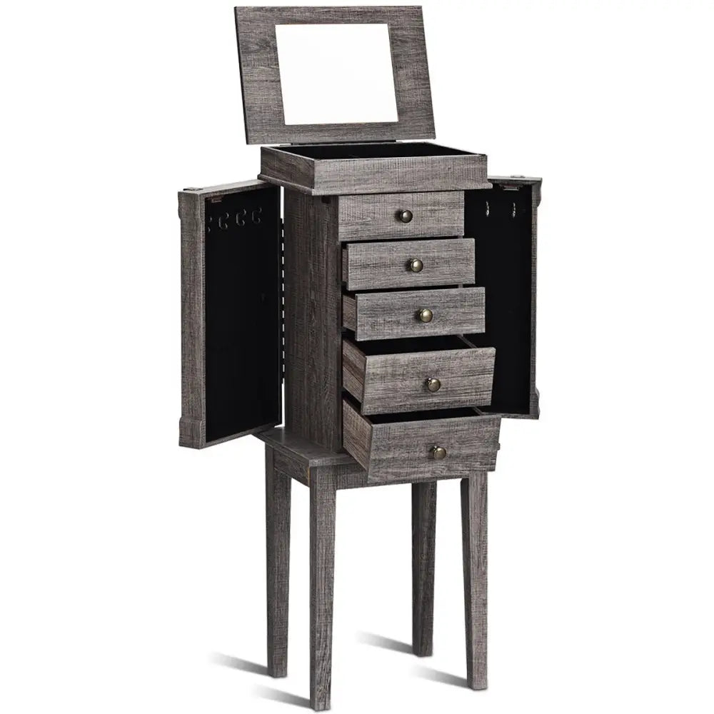 Standing Jewelry Cabinet Storage Organizer with Wooden Legs - Gray - Jewelry Armoires