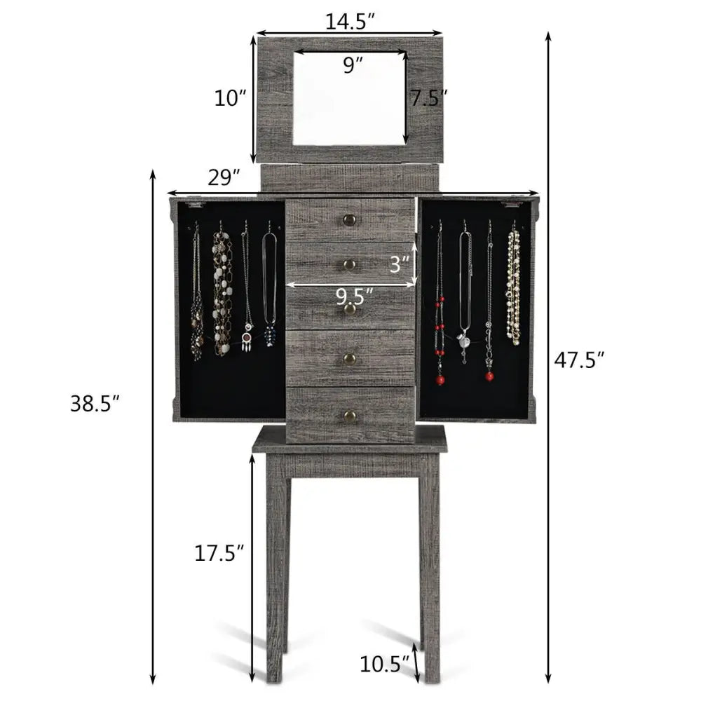 Standing Jewelry Cabinet Storage Organizer with Wooden Legs - Gray - Jewelry Armoires